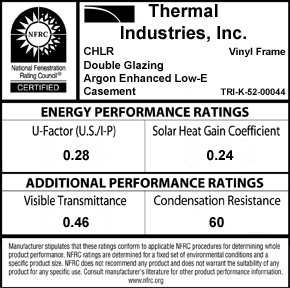 NFRC label showing U-factor and solar heat gain coefficient values for Thermal Industries' casement window